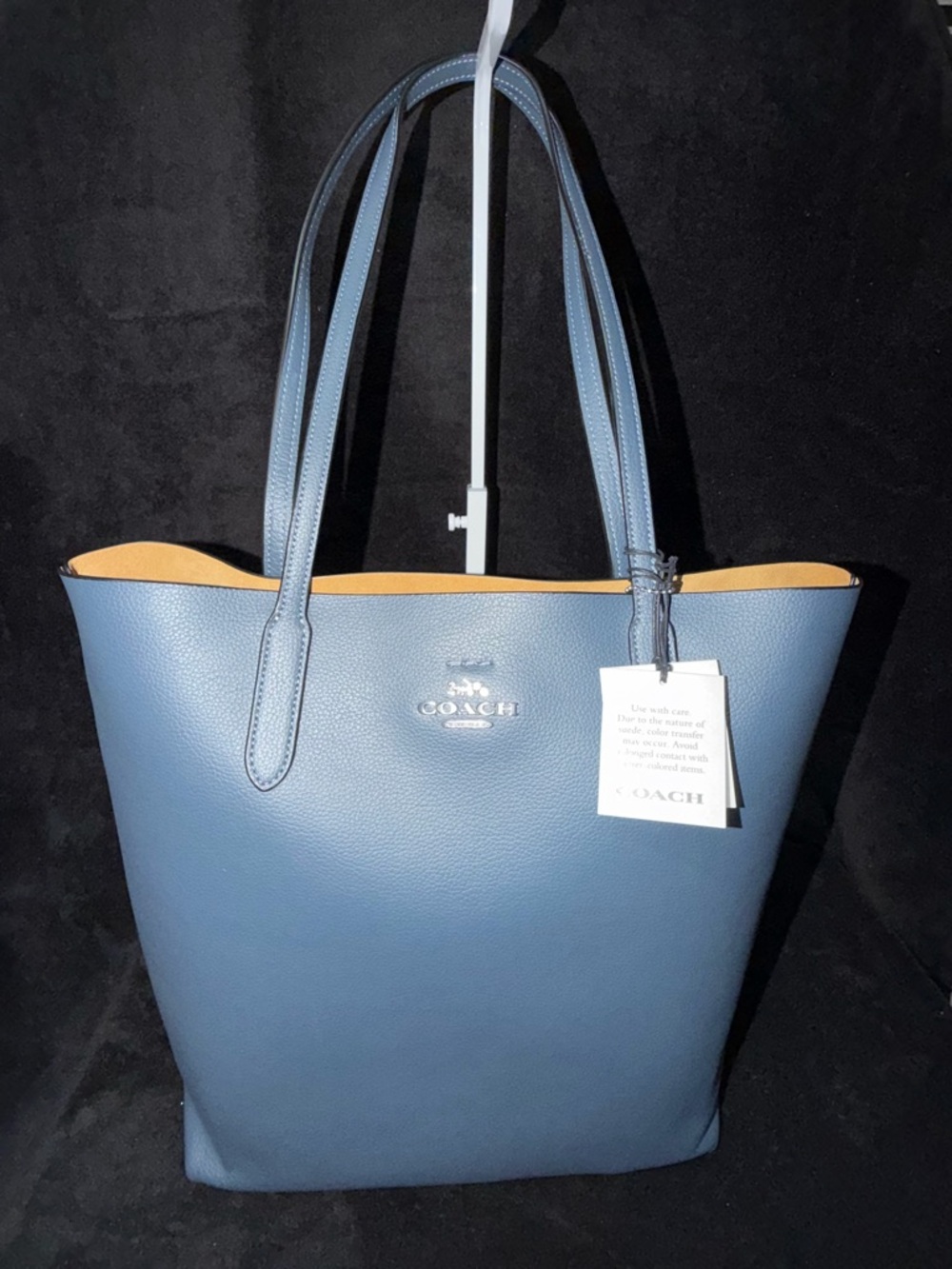 Coach Blue Leather Tote with Tan Trim